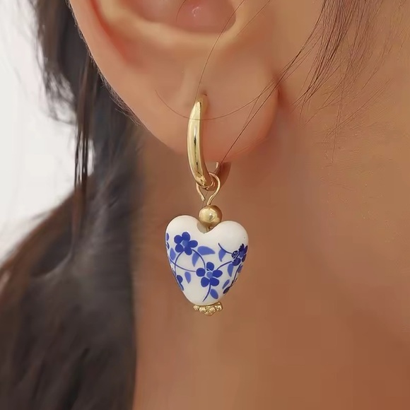 Ethnic Blue Porcelain Heart Stainless Steel Pearl Earrings - Picture 2 of 13